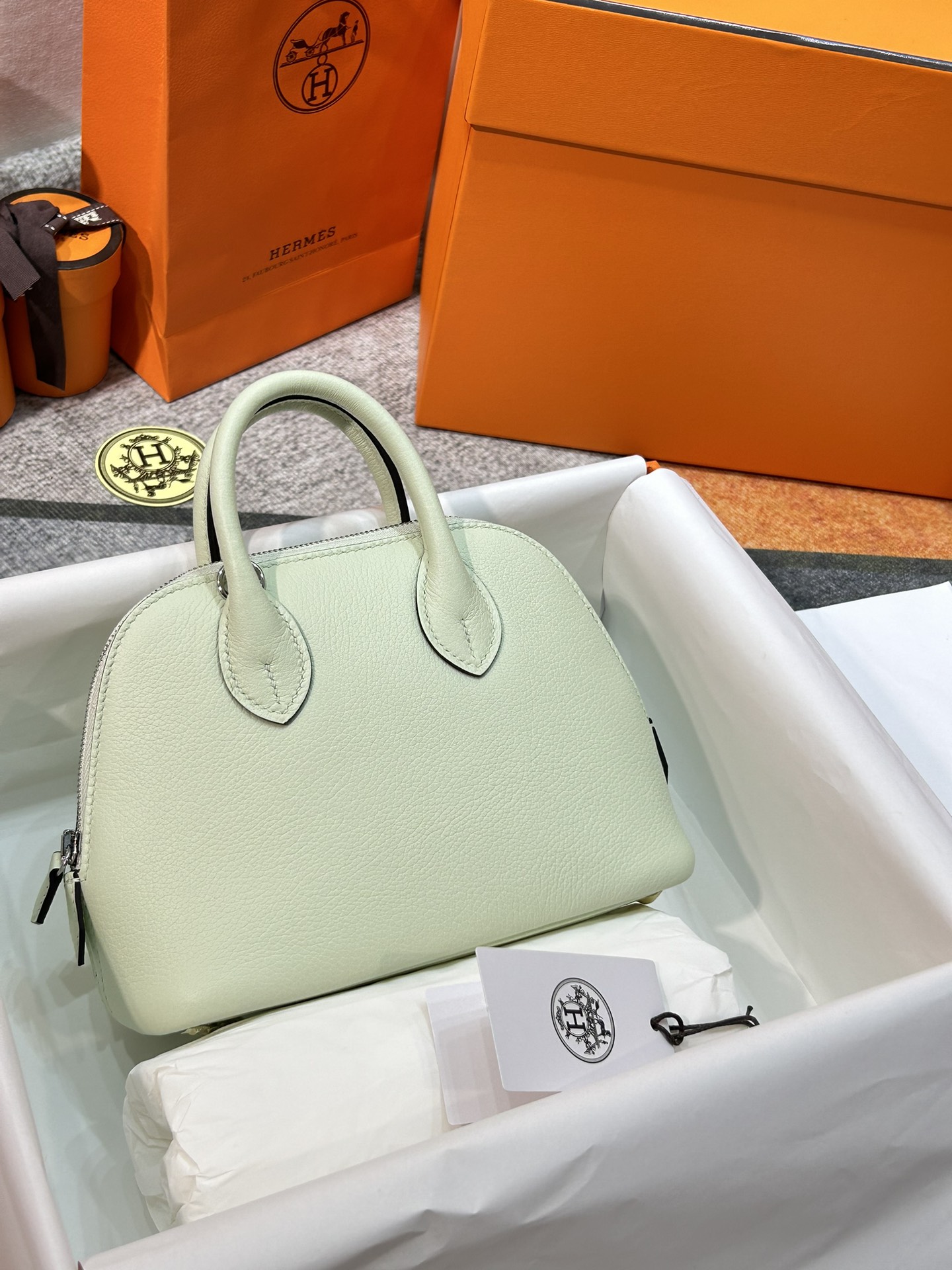 Hermes Bolide 1923 Mini Handbag Shoulder Bag In Pale Green Evercolor Leather